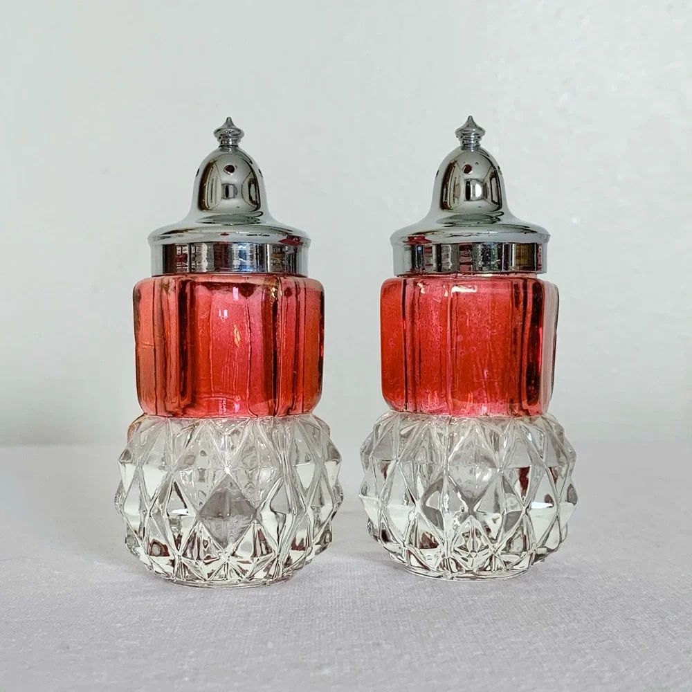 Indiana Glass Diamond Point Ruby Red Flashed Bowl and Salt & Pepper Shakers